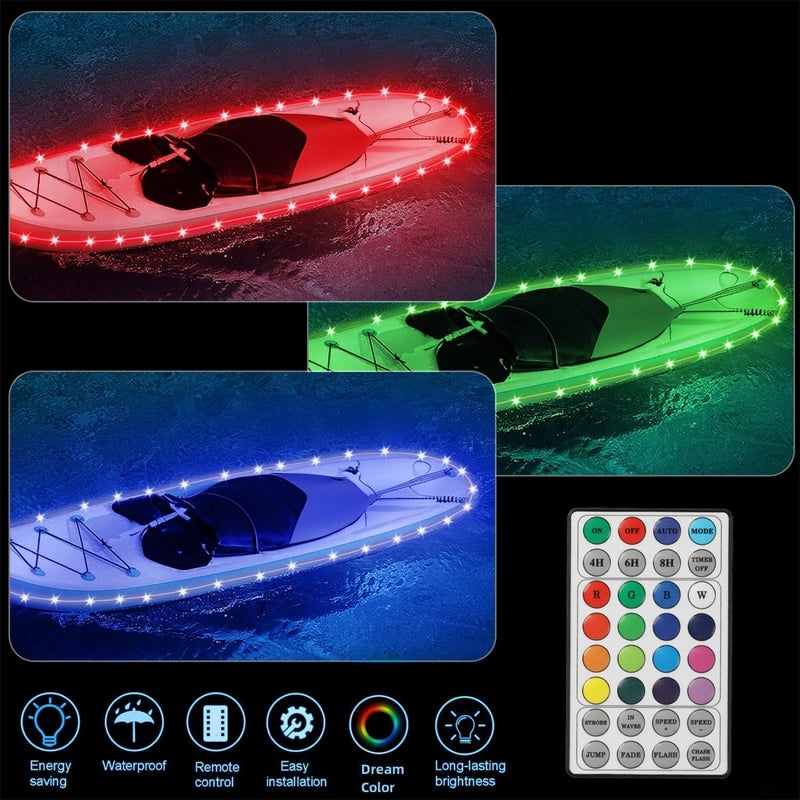 VIDLULTD Kayak Paddle Board Lights Kit, IP68 Waterproof Dream Color SUP Glow Light with Remote, Battery Powered Kayak Lights for Night Kayaking SUP Canoes, Marine Pontoon Boats Light (26FT) - Image 4